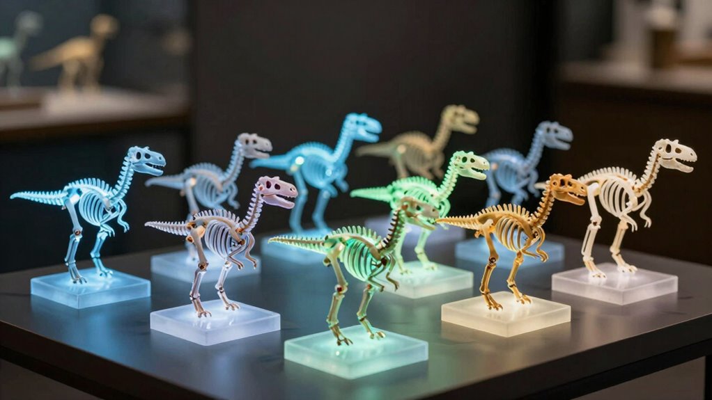 twelve glowing dinosaur skeletons
